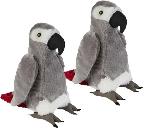 Ravensden Pluche grijze roodstaart papegaai knuffel - 2x - 30 cm - Papegaaien vogel knuffels