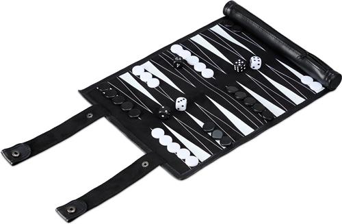 Relaxdays backgammon reiseditie - oprolbaar - 32 x 26 cm - kunstleer - zwart