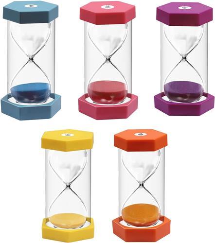 Pakket van 5 kleurrijke zandlopertimers voor kinderen, 1-5-10-20-30 minuten, geschikt voor romantische schouwen, kinderspellen, lerarenbenodigdheden, kantoor, kerst- en verjaardagscadeau, andere huisdecoratie.