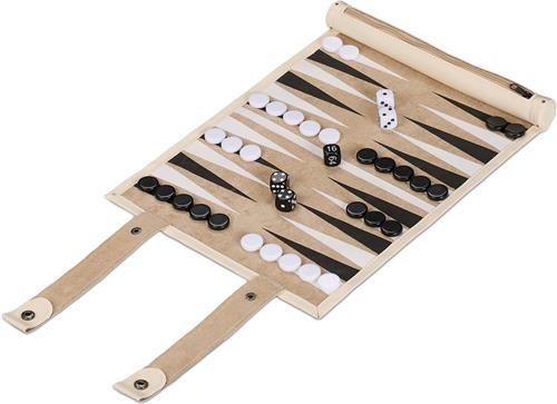 Relaxdays backgammon reiseditie - oprolbaar - 32 x 26 cm - kunstleer - beige