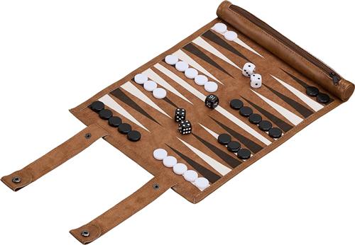 Relaxdays backgammon reis - oprolbaar - 32 x 26 cm - kunstleer - roodbruin
