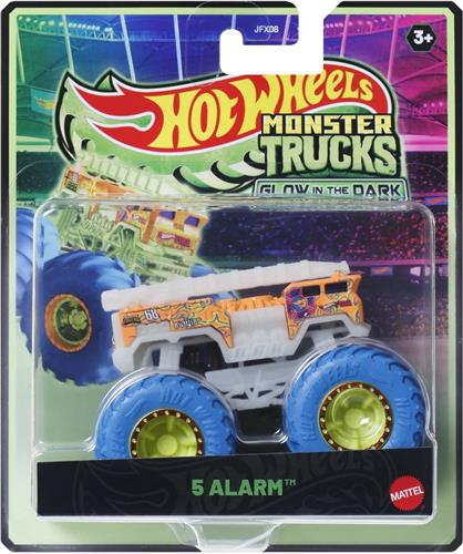 Hot wheels monster jam truck brandweerwagen 5 alarm glow in the dark - monstertruck 9 cm schaal 1:64