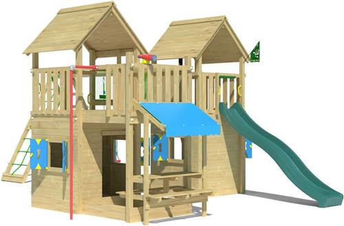 Jungle Gym speeltoestel van douglas hout - Jungle Titan met blauwe glijbaan - Tuin speeltoestel voor buiten met zandbak, schommels en speelhuisje