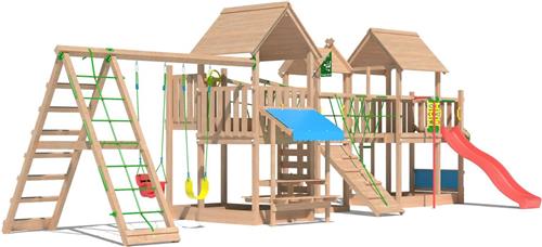 Jungle Gym speeltoestel van douglas hout - Jungle Gazebo XXL met rode glijbaan - Tuin speeltoestel voor buiten met schommels, klimwand en picknicktafel