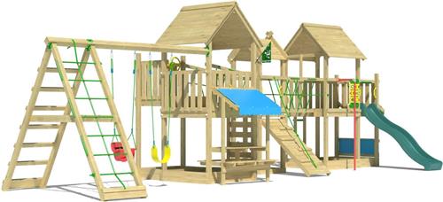 Jungle Gym speeltoestel van grenen hout - Jungle Gazebo XXL met donkergroene glijbaan - Tuin speeltoestel voor buiten met schommels, klimwand en picknicktafel