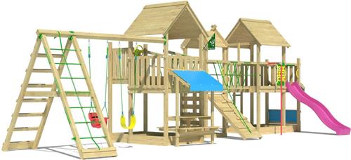 Jungle Gym speeltoestel van grenen hout - Jungle Gazebo XXL met roze glijbaan - Tuin speeltoestel voor buiten met schommels, klimwand en picknicktafel