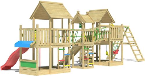 Jungle Gym speeltoestel van grenen hout - Jungle Gazebo XXL met rode glijbaan - Tuin speeltoestel voor buiten met schommels, klimwand en picknicktafel