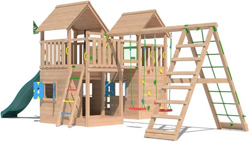 Jungle Gym speeltoestel van douglas hout - Jungle Titan met donkergroene glijbaan - Tuin speeltoestel voor buiten met zandbak, schommels en speelhuisje