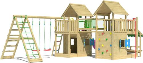 Jungle Gym speeltoestel van grenen hout - Jungle Titan met roze glijbaan - Tuin speeltoestel voor buiten met zandbak, schommels en speelhuisje