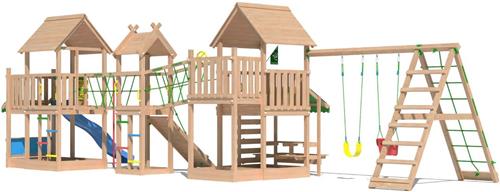 Jungle Gym speeltoestel van douglas hout - Jungle Gazebo XXL met blauwe glijbaan - Tuin speeltoestel voor buiten met schommels, klimwand en picknicktafel