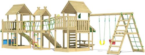 Jungle Gym speeltoestel van grenen hout - Jungle Gazebo XXL met gele glijbaan - Tuin speeltoestel voor buiten met schommels, klimwand en picknicktafel