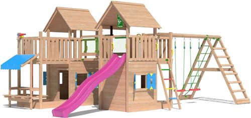 Jungle Gym speeltoestel van douglas hout - Jungle Titan met roze glijbaan - Tuin speeltoestel voor buiten met zandbak, schommels en speelhuisje