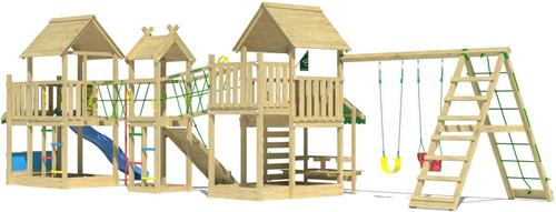 Jungle Gym speeltoestel van grenen hout - Jungle Gazebo XXL met blauwe glijbaan - Tuin speeltoestel voor buiten met schommels, klimwand en picknicktafel