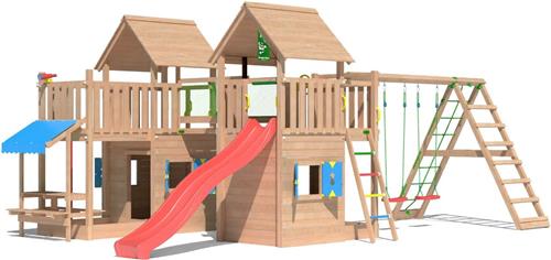 Jungle Gym speeltoestel van douglas hout - Jungle Titan met rode glijbaan - Tuin speeltoestel voor buiten met zandbak, schommels en speelhuisje