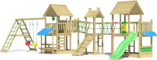 Jungle Gym speeltoestel van grenen hout - Jungle Gazebo XXL met groene glijbaan - Tuin speeltoestel voor buiten met schommels, klimwand en picknicktafel