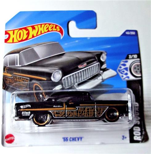 HOT WHEELS '55 CHEVY BLACK/GOLD 45/250 1:64 HW ROD SOUAD 3/10