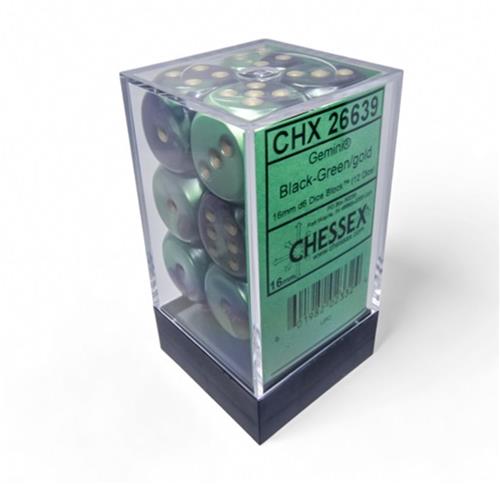 Chessex Gemini Zwart-Groen/goud D6 16mm Dobbelsteen Set (12 stuks)