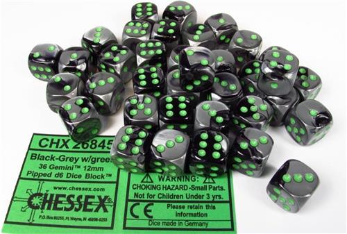Chessex Gemini Black-Grey/green D6 12mm Dobbelsteen Set (36 stuks)