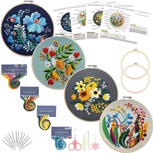 BOTC Borduurpakket Bloemen - Borduurset van 4 - Borduurpakketten voor Volwassenen - Hobby en Creatief - Borduren