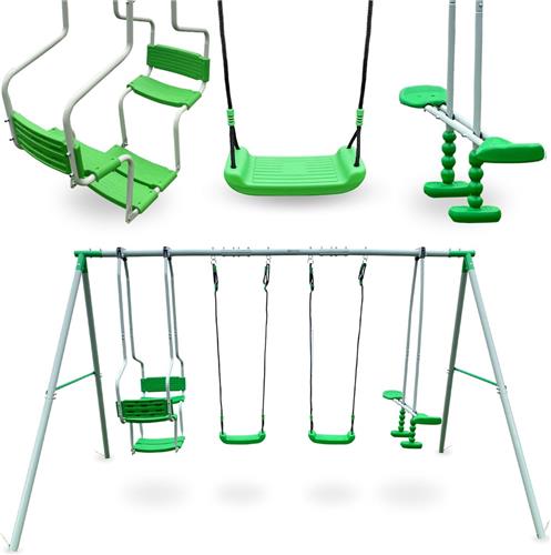 HyperMotion Kinderschommel, tuinspeelplaats 6-zits kinderschommelset, tuinschommel voor kinderen 3+, stalen frame, lengte verstelbaar touw, ankeranker, kleur groen