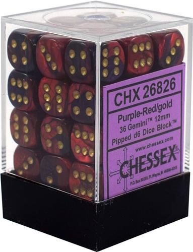 Chessex Gemini Paars-Rood/goud D6 12mm Dobbelsteenset (36 stuks)