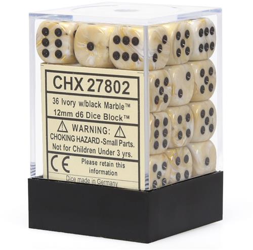 Chessex Marmer Ivoor/Zwart D6 12mm Dobbelsteen Set (36 stuks).
