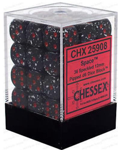 Chessex Space gespikkeld D6 12mm Dobbelsteen Set 36 stuks.