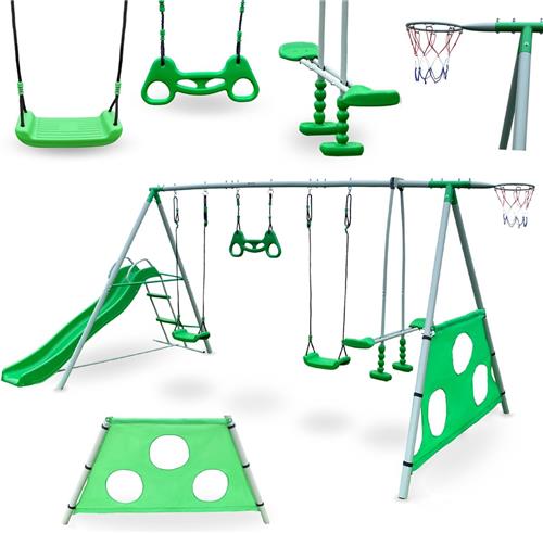 HyperMotion tuinspeeltuin voor kinderen vanaf 3 jaar, grote kinderspeelset XXXL: schommels, glijbaan, gymnastiektrapeze, basketbal- en voetbaldoel, groen