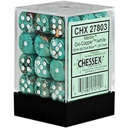 Chessex Marmer Oxi-koper/wit D6 12mm Dobbelsteenset (36 stuks)
