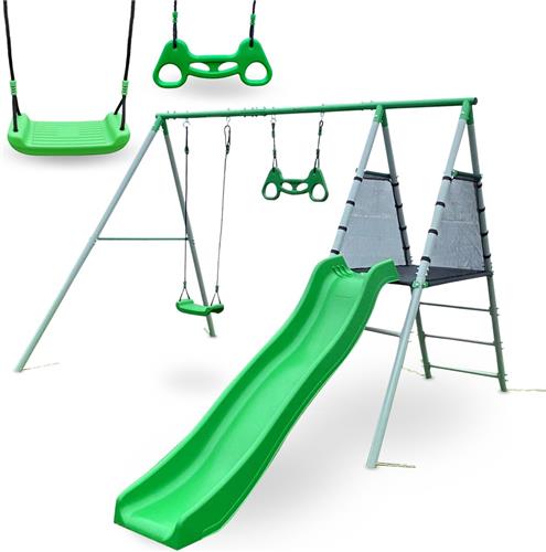 HyperMotion tuinspeeltuin voor kinderen vanaf 3 jaar, grote kinderspeelset XXXL: schommels, glijbaan, gymnastiektrapeze, basketbal- en voetbaldoel, groen