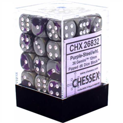 Chessex CHX26832 Gemini Purple-Steel/White D6 12mm Dice Set (36 pcs)