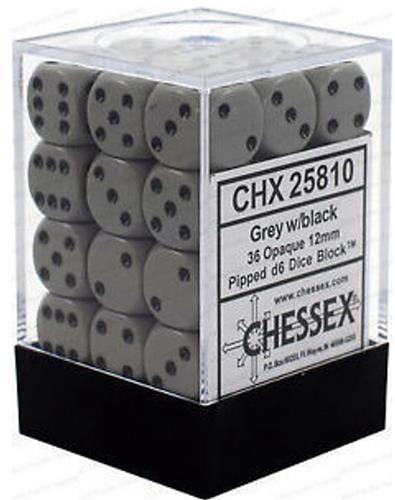 Chessex Opaque grijs zwart D6 12mm Dobbelsteenset 36 stuks.