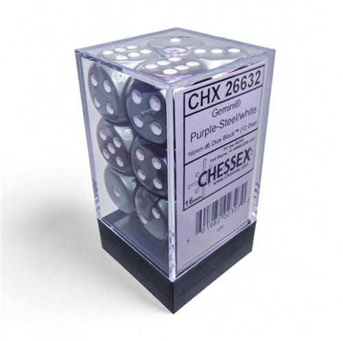 Chessex Gemini paars-staal/wit D6 16mm Dobbelsteen Set (12 stuks)