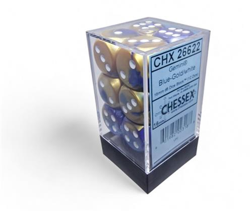 Chessex Gemini Blauw-Goud/Wit D6 16mm Dobbelsteenset (12 stuks)