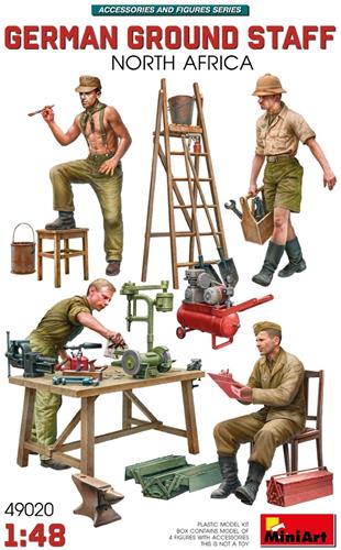 1:48 MiniArt 49020 Duitse Soldaten WWII - Grondpersoneel met Accessoires - Noord-Afrika - 4 Figuren Plastic Modelbouwpakket