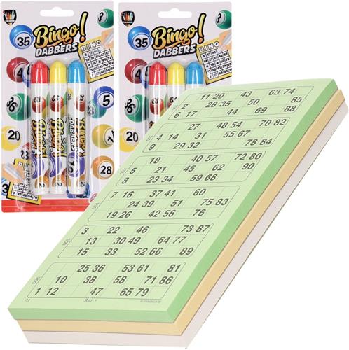 100x Bingokaarten nummers 1-90 inclusief 6x bingo stiften blauw/geel/rood