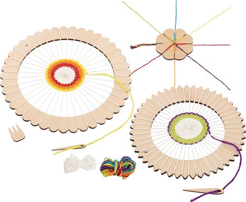 WEEFGETOUW SET diam.22/16/10cm, 8-delig, met 7 kleuren wol, hout, 6+