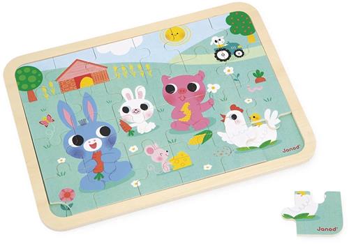 Janod - 24-Delige Houten Puzzel 'Op De Boerderij' - Met Als Thema Boerderijdieren - Puzzel Met 24 Stukjes - Geschikt Vanaf 3 Jaar