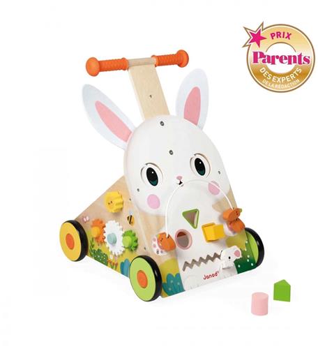 Janod - Houten Konijn Multi-Activiteitenkar - Loopwagen - Bevat 9 Leuke Activiteiten - Verstelbare Handgreep En Instelbare Rem - Geschikt Vanaf 1 Jaar