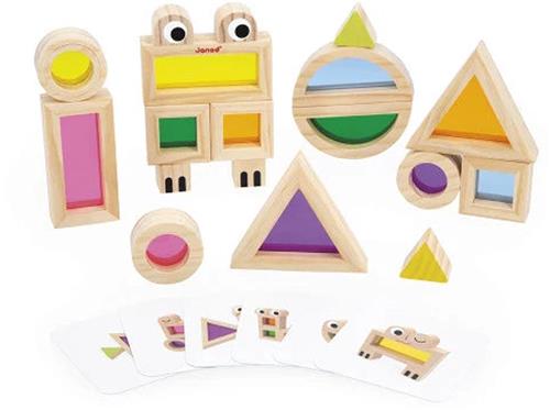 Janod Sensorisch - Doorschijnende Blokkenset - Bestaat uit 12 Geometrische Blokken Met Transparante Stukken In Het Midden - Inclusief 6 Modelkaarten Voor Het Maken Van De Leukste Personages En dieren - Geschikt Vanaf 1 Jaar