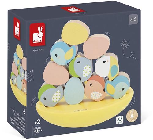 Janod Pure - Vogel Balanssspel - 15 Houten Stukken Moeten Op De Steun Gestapeld Worden - Het Spel Bestaat Uit Grote, Afgeronde Stukken En Zijn Gemakkelijk Te Hanteren - Ideaal Om De Behendigheid Te Ontwikkelen - Geschikt Vanaf 2 Jaar