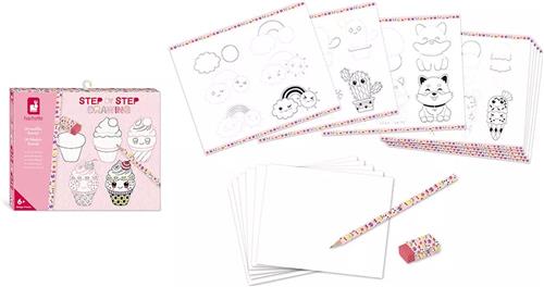 Janod Hachette - Step by Step - Creatief Kawaii Modellen Tekenen - Met 20 Kawaii-Modellen - Kit Om Schattige Figuren Te Leren Tekenen - 20 Modellen En 25 Bladen Om Te Oefenen - Geschikt Vanaf 6 Jaar