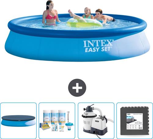 Intex Rond Opblaasbaar Easy Set Zwembad - 396 x 84 cm - Blauw - Inclusief Afdekzeil - Onderhoudspakket - Zwembadfilterpomp - Vloertegels