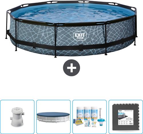 EXIT Rond Stone Frame Zwembad - 360 x 76 cm - Inclusief Pomp Afdekzeil - Onderhoudspakket - Vloertegels - Nu extra voordelig