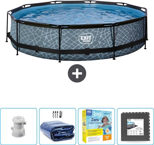 EXIT Rond Stone Frame Zwembad - 360 x 76 cm - Inclusief Pomp Solarzeil - Onderhoudspakket - Vloertegels - Nu extra voordelig