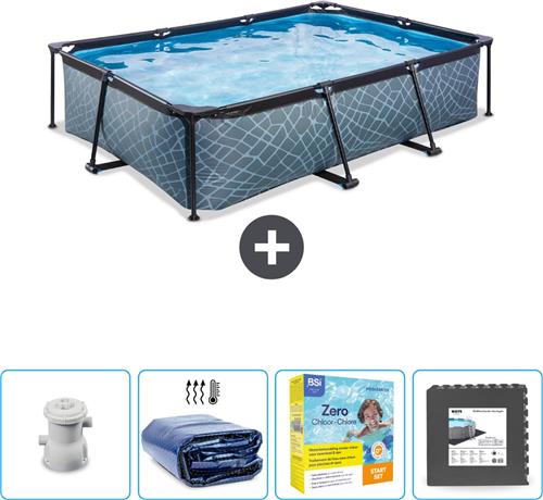 EXIT Rechthoekig Stone Frame Zwembad - 300 x 200 x 65 cm - Inclusief Pomp Solarzeil - Onderhoudspakket - Vloertegels - Nu extra voordelig