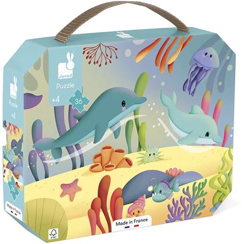 Janod - Puzzel Zeedieren - In Puzzelkoffer - 36 Stukjes - Panoramisch Formaat - Geschikt Vanaf 4 Jaar