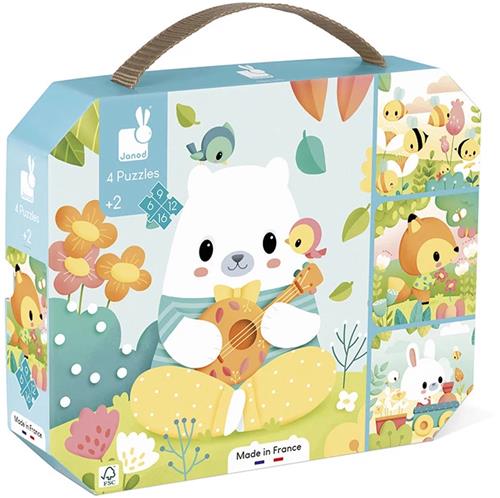 Janod Puzzel - 4 Pure Puzzels In koffer - De Allereerste Puzzels Om Logica En Motoriek Te Ontwikkelen - 6, 9, 12 En 16 Stukjes - Geschikt Vanaf 2 Jaar