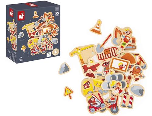 Janod - Magneten Bouwmachines - 24 Verschillende Magneten - Voertuigen, Signalisatie... Op Weg Naar De Bouwplaats - 24 Magneten Voor Gekke Verhalen Op Magnetische Dragers - Geschikt Vanaf 2 Jaar