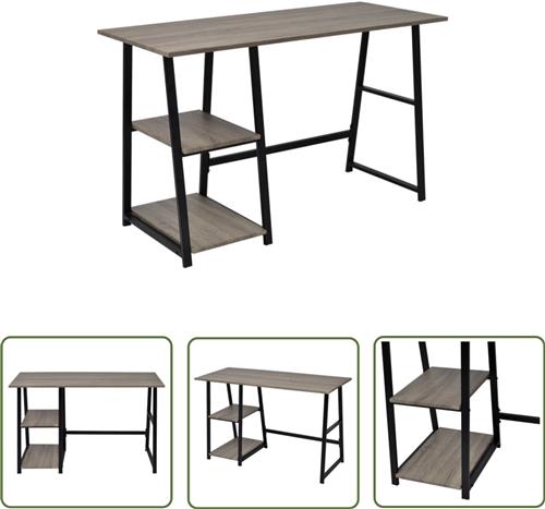 vidaXL Bureau met 2 schappen - Grijs en Eiken Computerbureau - Bureau - Schrijfbureau - Houten Bureau - Grijze Meubels